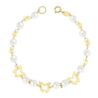 Pulsera Niña Comunión 16,5 cm en Oro Amarillo 18 Quilates Perlas con Mariposas