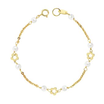 Pulsera Niña Comunión 12 cm en Oro Amarillo 18K Perlas con Flores Caladas