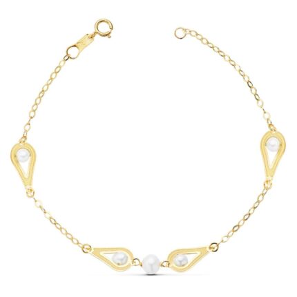 Pulsera Niña Comunión 18 cm en Oro Amarillo 18 Quilates Chapas Ovales con Perlas