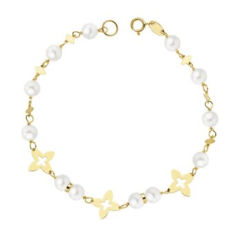 Pulsera Niña Comunión 18,5 cm en Oro Amarillo 18 Quilates con Perlas Estrellas Caladas