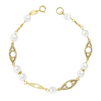 Pulsera Niña Comunión 17 cm en Oro Amarillo 18 Quilates Perlas con Rombos Calados