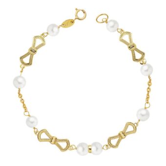 Pulsera Niña Comunión 17,5 cm en Oro Amarillo 18 Quilates Perlas con Lacitos