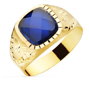 Sello Hombre 9 x 9 mm Oro Amarillo 18K Montura Tallado Floral con Zafiro Espinel