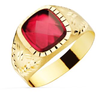 Sello Hombre 9 x 9 mm Oro Amarillo 18K Montura Tallado Floral Rubí Espinel
