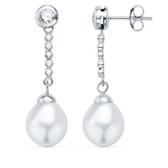 Pendientes 30 x 8 mm Oro Blanco 18K Perlas y Chatón