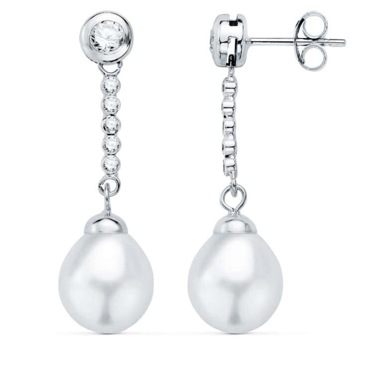 Pendientes 30 x 8 mm Oro Blanco 18K Perlas y Chatón - Imagen 1