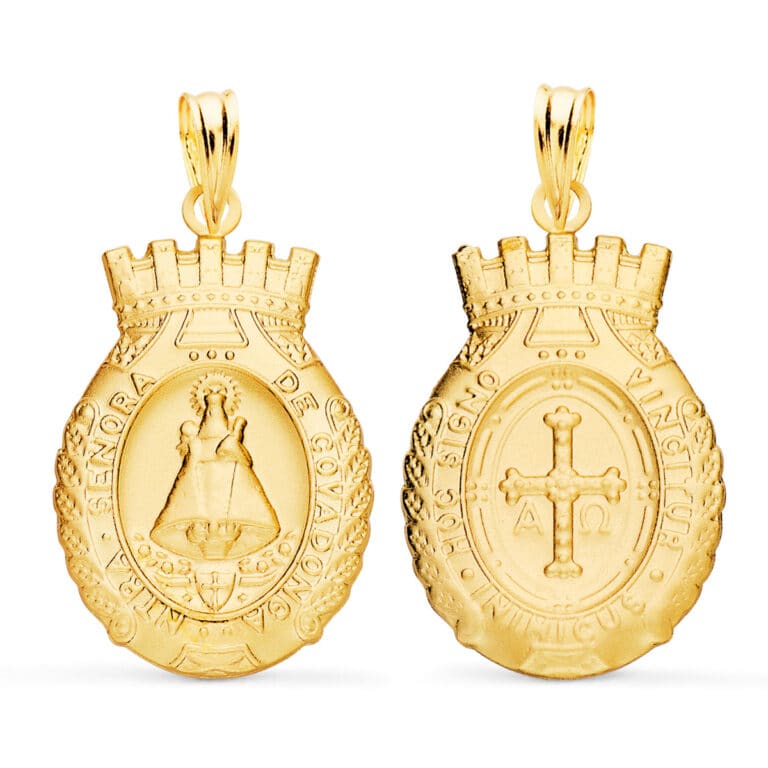 Medalla Escapulario 25 x 16 mm Virgen de Covadonga y Cruz de la Victoria en Oro Amarillo 18k - Imagen 1