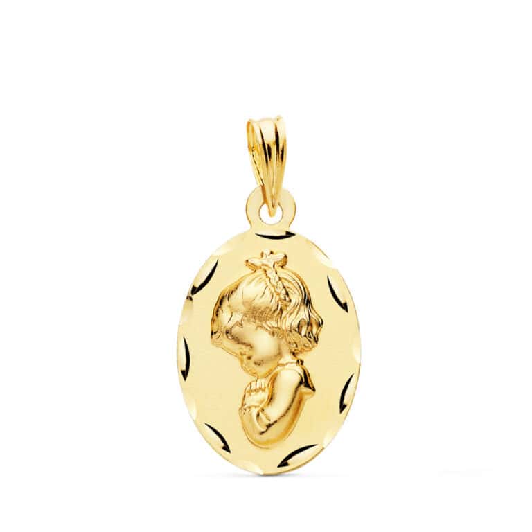 Medalla Niña Rezando 22 x 14 mm en Oro Amarillo 18K con Tallas - Imagen 1