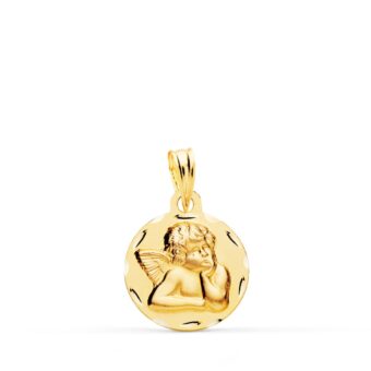 Medalla Bebé 14 mm en Oro Amarillo 18K con Ángel Burlón Tallado