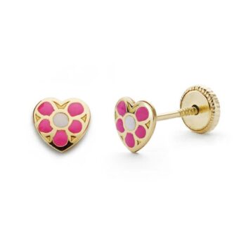 Pendientes Bebé 5 mm en Oro Amarillo 18 Quilates Corazón Rosa