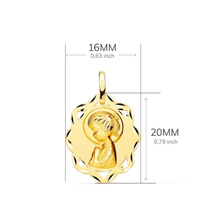 Medalla Virgen Niña 20 x 16 mm Oro Amarillo 18 Quilates Pandereta Tallas - Imagen 2