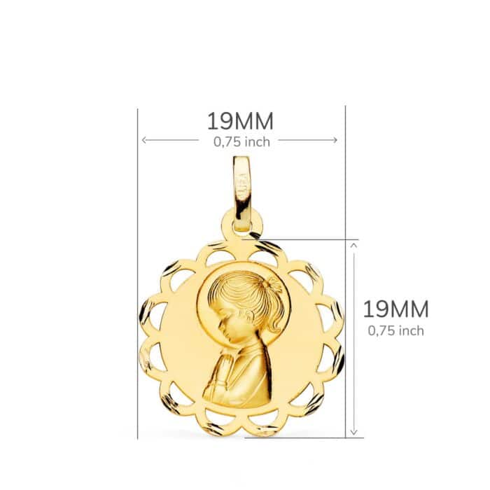 Medalla Comunión Pandereta Virgen Niña 19 mm en Oro Amarillo 18 Quilates Calado - Imagen 2