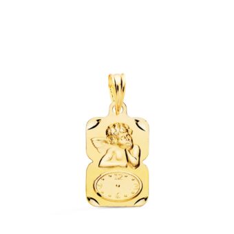 Medalla Bebé 19 x 11 mm Ángel Burlón con Reloj en Oro Amarillo 18 Quilates Rectángulo