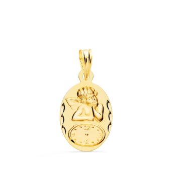 Medalla Bebé 19 x 12 mm Ángel Burlón con Reloj en Oro Amarillo 18 Quilates