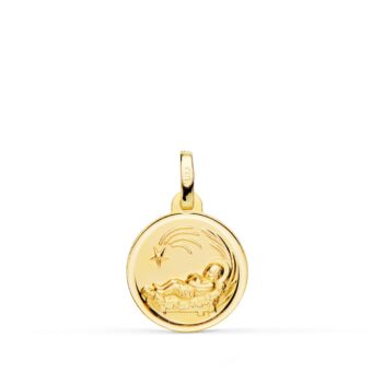 Medalla Bebé 14 mm Niño Pesebre en Oro Amarillo 18K con Bisel