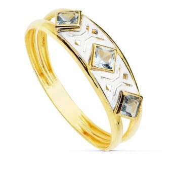 Anillo Oro 18 Quilates Bicolor Doble Hilo y Circonitas Violeta