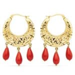 Pendientes Aro 25 mm en Oro Amarillo de 18 Quilates Tallados con Coralina