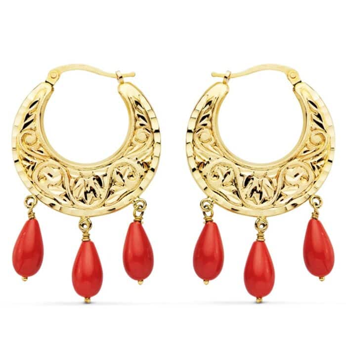 Pendientes Aro 25 mm en Oro Amarillo de 18 Quilates Tallados con Coralina - Imagen 1