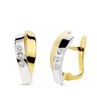 Pendientes Bandas 15x6 mm en Oro Bicolor de 18 Quilates con Circonitas