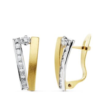 Pendientes 13x6 mm Doble Banda en Oro Bicolor de 18 Quilates con Circonitas