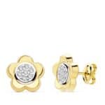 Pendientes 10 mm Flor Oro Bicolor 18K con Circonitas