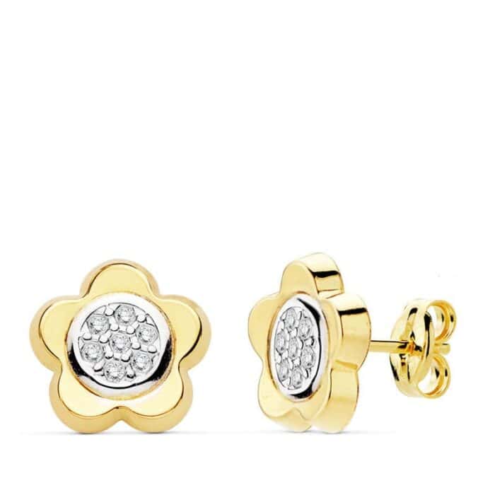 Pendientes 10 mm Flor Oro Bicolor 18K con Circonitas - Imagen 1