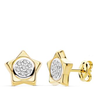Pendientes 9x9 mm Estrella Oro Bicolor 18 Quilates con Circonitas