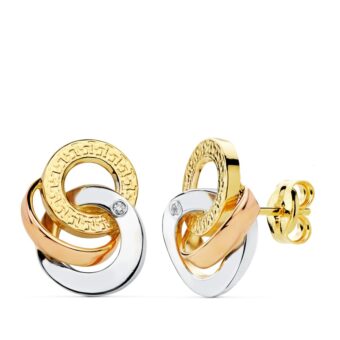 Pendientes 14x10 mm Círculos con Circonita en Oro Tricolor 18 Quilates