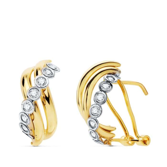 Pendientes 16x8 mm en Oro Bicolor 18 Quilates Banda Transversal de Circonitas - Imagen 1