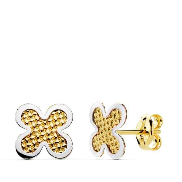 Pendientes 7 x 7 mm en Oro Bicolor 18 Quilates Flor Diamantada - Imagen 1