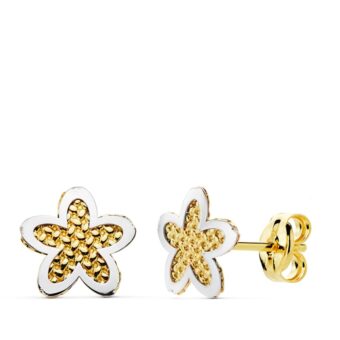 Pendientes 7,5 x 7,5 mm en Oro Bicolor 18 Quilates Flor Diamantada