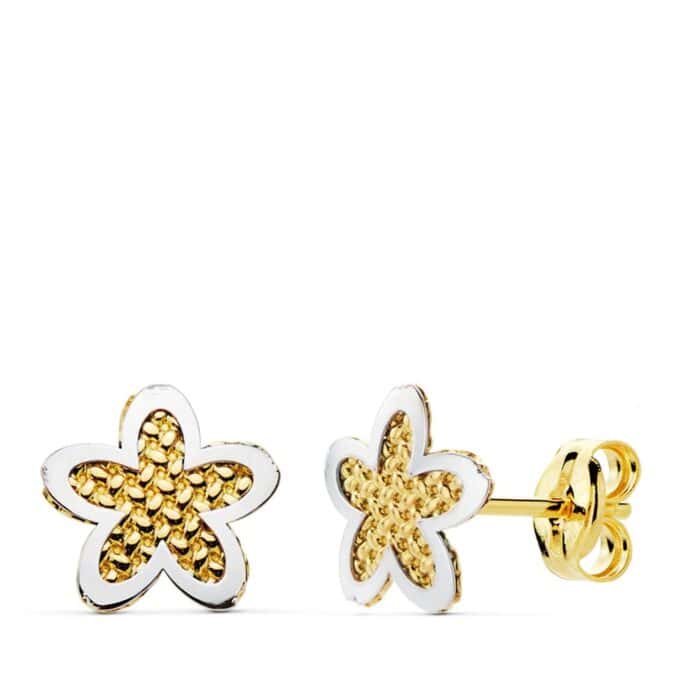 Pendientes 7,5 x 7,5 mm en Oro Bicolor 18 Quilates Flor Diamantada - Imagen 1