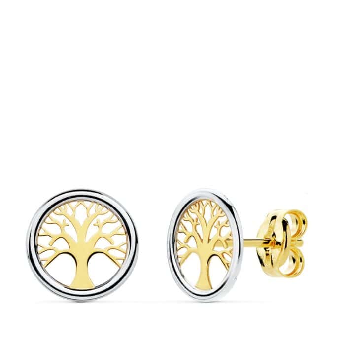 Pendientes Árbol de la Vida 8 mm en Oro Bicolor de 18 Quilates - Imagen 1