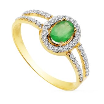 Anillo en Oro Bicolor 18K con Circonitas en Hombros y Orla con Esmeralda 6 x 4 mm