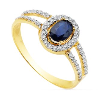 Anillo en Oro Bicolor 18K con Circonitas en Hombros y Orla con Zafiro 6x4 mm