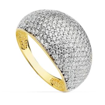Anillo en Oro Bicolor 18K con Superficie Bombé y Pavé de Circonitas