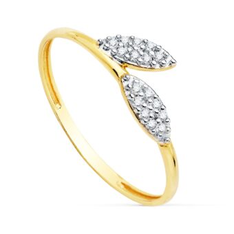 Anillo Oro Bicolor 18K Hojas Circonitas
