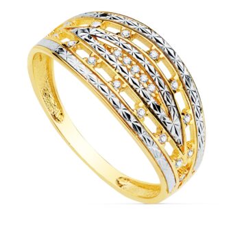 Anillo en Oro Bicolor 18K Panel Calado con Circonitas Engastadas