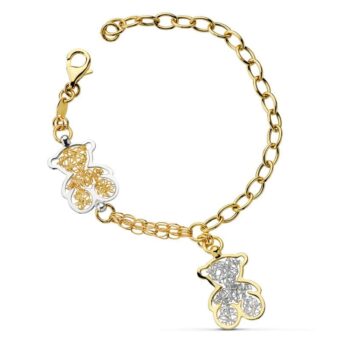 Pulsera en Oro Bicolor 18 Quilates Oso Colgante e Intercalado