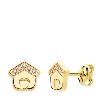 Pendientes Casita 7x7 mm en Oro Amarillo de 18 Quilates con Circonitas