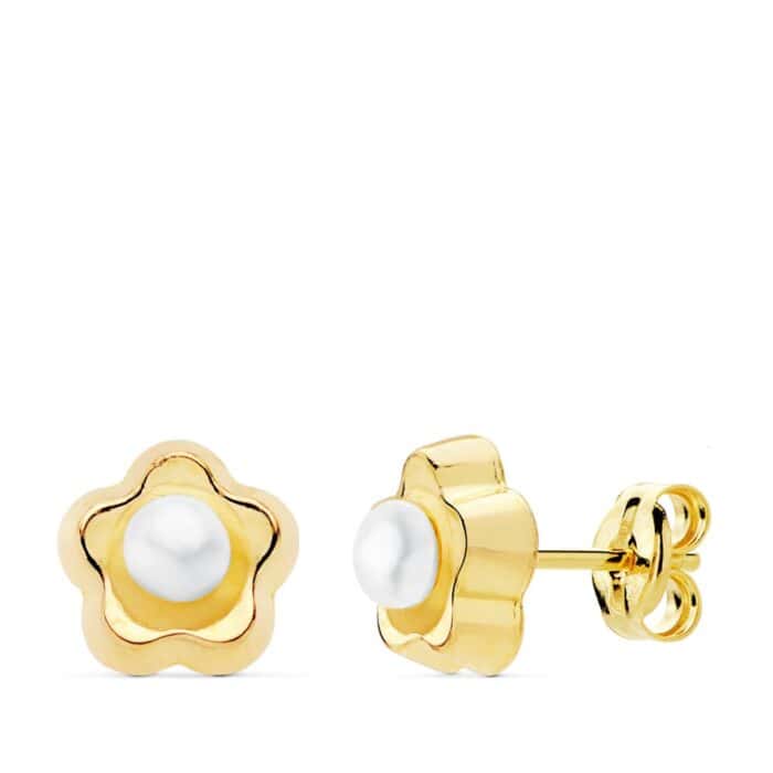 Pendientes Flor 8x8 mm en Oro Amarillo de 18 Quilates con Perla - Imagen 1