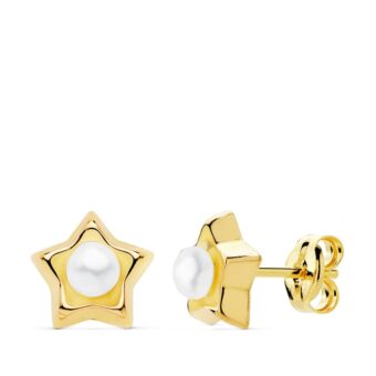 Pendientes Estrella 8x8 mm en Oro Amarillo de 18 Quilates con Perla