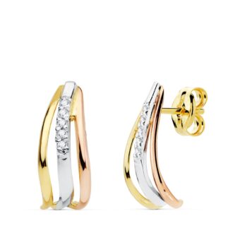 Pendientes Bandas 15x6 mm en Oro Tricolor de 18 Quilates con Circonitas