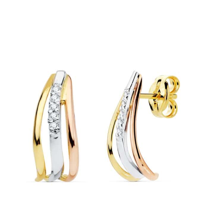 Pendientes Bandas 15x6 mm en Oro Tricolor de 18 Quilates con Circonitas - Imagen 1