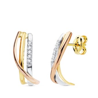 Pendientes Bandas 15x5 mm en Oro Tricolor de 18 Quilates con Circonitas