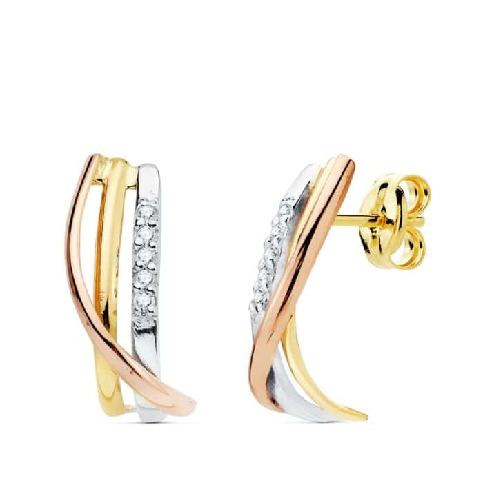 Pendientes Bandas 15x5 mm en Oro Tricolor de 18 Quilates con Circonitas - Imagen 1
