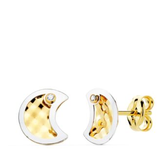 Pendientes Lunas 8x6,5 mm en Oro Bicolor de 18 Quilates con Circonitas