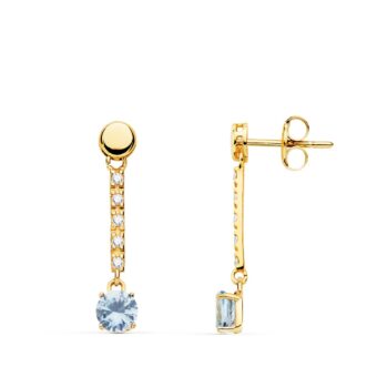Pendientes 25x5mm Oro Amarillo 18 Quilates Piedra Color Aguamarina y Circonitas
