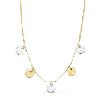 Collar de Oro Bicolor 18 Quilates con 5 Ositos Colgantes en Amarillo y Blanco Alternados