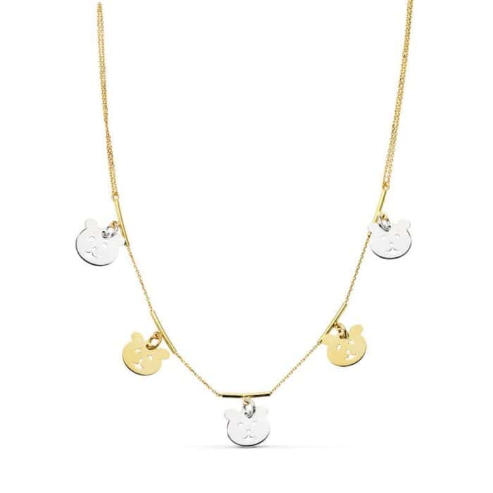 Collar de Oro Bicolor 18 Quilates con 5 Ositos Colgantes en Amarillo y Blanco Alternados - Imagen 1